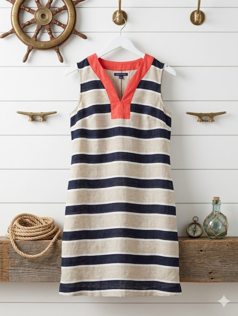 Preppy Tommy Hilfiger Navy and Coral Striped V-Neck Shift Top Nautical